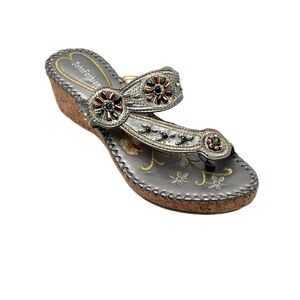 John Fashion Silver Embroidered Beaded Floral Boho Cork Wedge Sandals Size 8